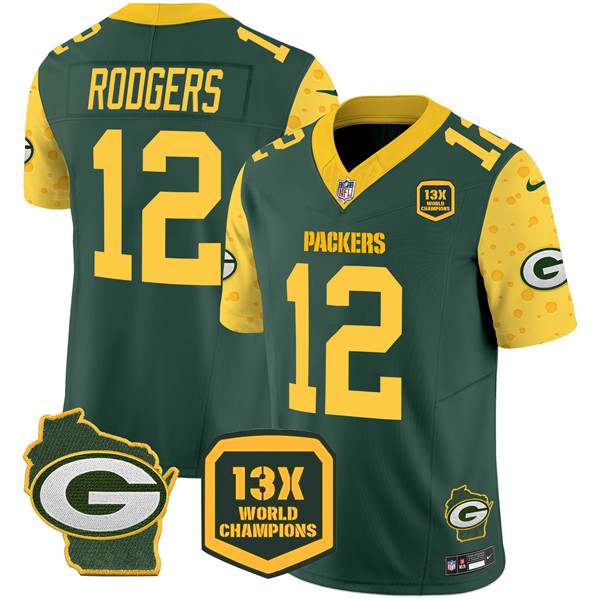 Men's Green Bay Packers #12 Aaron Rodgers Cheese Green 2024 F.U.S.E. 13 Time World Champions And Home Patch Vapor Untouchable Limited Stitched Football Jersey Men's Green Bay Packers #12 Aaron Rodgers Cheese Green 2024 F.U.S.E. 13 Time World Champions And Home Patch Vapor Untouchable Limited Stitched Football Jersey